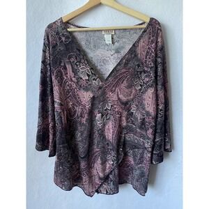 MKM Designs Women's 2X Paisley Glitter V-Neck 3/4 Sleeve Blouse Purple Grey 2654